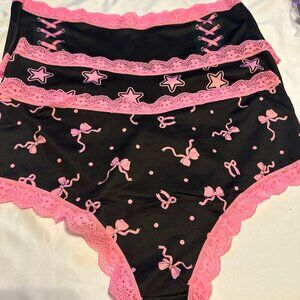 Morvia 3pk Pink lace Trim goth Emo panties XL Lace Print Bows Star Lingerie